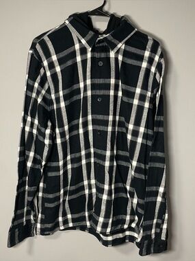 Hollister Black White Plaid Hooded Button-Up Flannel Shirt Women’s XL Cotton Y2K